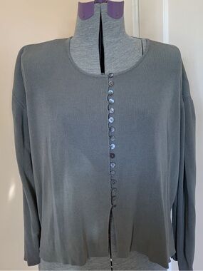 Rena Rowan L Sweater Top 100% Silk Rib Knit Button Up Boxy Wide Sleeves Gray